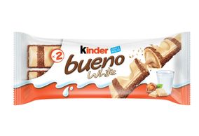 KINDER BUENO WHITE, WAFER COM RECHEIO DE LEITE E AVELÃS COBERTO COM CHOCOLATE BRANCO, 2 UNIDADES, 43 GRAMAS