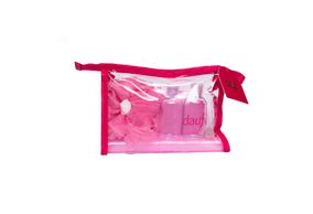 Kit Viagem Dauf Rosa Com Porta Escova/Porta Sabonete/Bucha/Recipiente Para Shampoo/Recipiente Para Condicionador